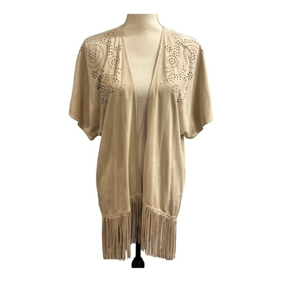 Honey Belle Kimono Womens S Tan Faux Suede Laser Cut Open Front Wester‎ Festival - Picture 1 of 9
